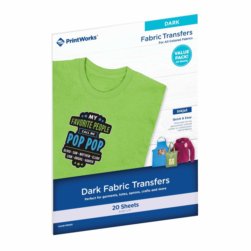 PrintWorks Iron on Heat Transfer Paper for Inkjet Printer - Printable Heat Transfer Vinyl for Dark Fabric (Printable HTV) - 8.5" x 11" - 20 Sheets - Made in The USA - Iron on Vinyl (00545) - Image 1